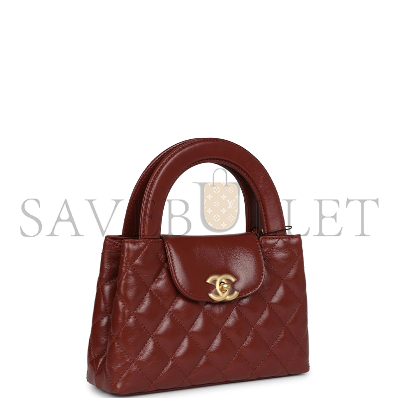 CHANEL MASTER BROWN QUILTED AGED CALFSKIN MINI KELLY BRUSHED GOLD HARDWARE AS4416 (19*13*7cm)
